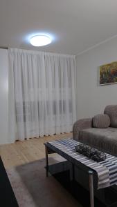 ein Wohnzimmer mit einem Sofa und einem Couchtisch in der Unterkunft Druskininkų Pasaga in Druskininkai