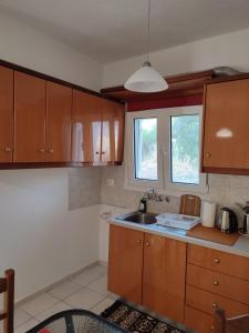 een keuken met houten kasten en een wastafel bij Kassandra Garden Residence in Istron