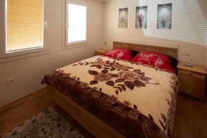 1 dormitorio con 1 cama grande con almohadas rojas en DOMKY U rieky, en Liptovská Teplá
