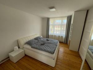 niewielka sypialnia z łóżkiem i oknem w obiekcie Apartmán Na Polabí 2 w Mielniku