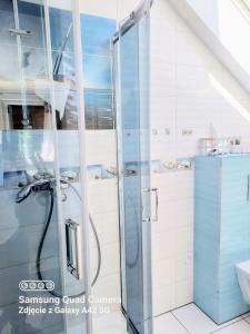a shower with a glass door in a bathroom at Apartamenty u Rybaka in Jastarnia