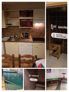 uma colagem de fotos de uma cozinha e uma piscina em Appartement Le Montagnard em Les Déserts