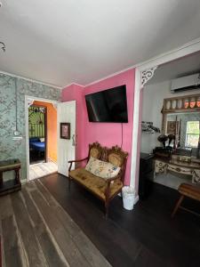 マイアミにあるOQP Vacations Cottageのピンクの壁のリビングルーム(ソファ付)