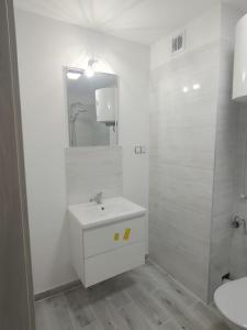 a white bathroom with a sink and a mirror at Apartamenty i domki letniskowe Galapagos in Okuninka