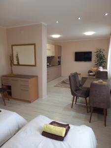 una camera con soggiorno e una cucina con divano di LEDA Apartmani a Smederevo
