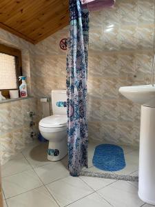 La salle de bains est pourvue de toilettes et d'un lavabo. dans l'établissement Happy Corner Guest House, à Shkodër