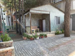 a brick house with a patio with potted plants at Pinehouse Velipoja in Velipojë