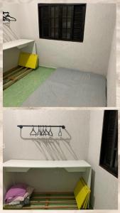 two pictures of a room with a bed with a yellow shelf at Casa de praia completa in Mongaguá
