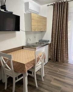 a kitchen with a table with chairs and a sink at Apartman Ail 2 in Ulcinj