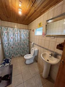 ein Bad mit einem WC und einem Waschbecken in der Unterkunft Alojamiento Machicura in Linares