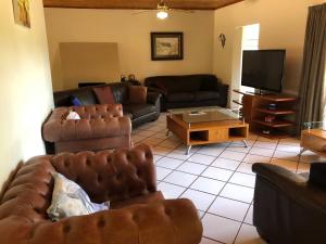 a living room with a couch and a tv at Comfortable 10 guest villa in a Big 5 Game Reserve in Dinokeng Game Reserve