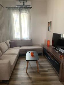 a living room with a couch and a coffee table at Alani house in Tinos