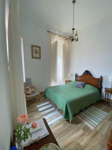 a bedroom with a bed with a green blanket at Pias Guesthouse in Pias