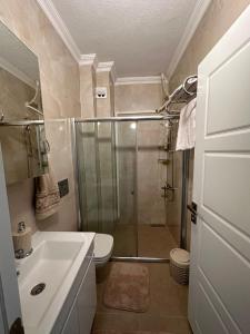 a bathroom with a shower and a toilet and a sink at RizeKonak Luxury Villa Private Garden Ac Sea View in Rize