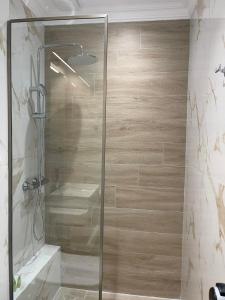 a shower with a glass door in a bathroom at JUEL APARTMENTS in Pefkochori
