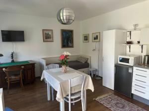 eine Küche und ein Esszimmer mit einem Tisch und einem Kühlschrank in der Unterkunft Apartmán U jezírka in Velké Přílepy