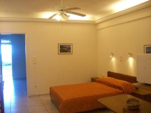 a bedroom with a bed and a ceiling fan at Vassiliki Studios in Andros