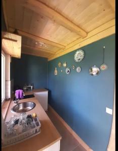 cocina con fregadero y pared azul en Aprtamenty Pod Dobrym Aniołem - domek, en Kudowa-Zdrój