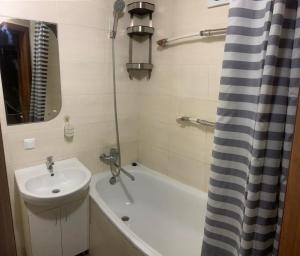 ein Badezimmer mit einem Waschbecken, einer Badewanne und einem Duschvorhang in der Unterkunft Apartment in city center in Kiew