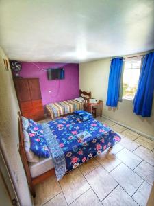 Pousada do Gil في تيريسوبوليس: غرفة نوم مع سرير مع لحاف أزرق