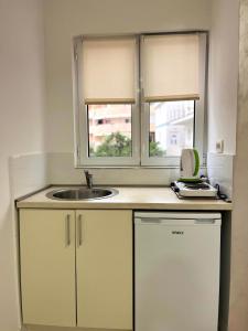 a small kitchen with a sink and two windows at Pearl Apartments in Budva