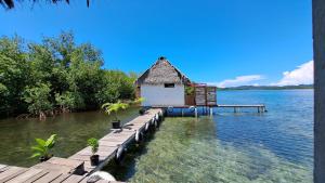 a small house on the water next to a dock at El Clandestino in Bocas del Toro