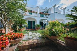 a garden in front of a white house with potted plants at Villa Domenicanda in Capri