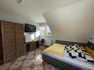 sypialnia z łóżkiem i telewizorem na ścianie w obiekcie Pokoje i domek letniskowy Pod Kasztanem w Jastarni