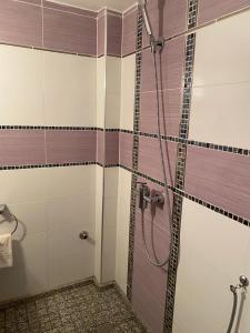 une salle de bain avec une douche avec une porte vitrée dans l'établissement Appartement Yasin Meknes, à Meknès