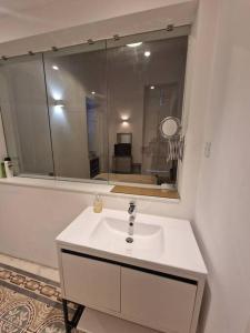 La salle de bains est pourvue d'un lavabo et d'un miroir. dans l'établissement Convenient second floor fully equipped apt, à Il-Furjana