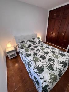 een slaapkamer met een bed met een groene en witte deken bij Casa de Fernando in Puerto Real