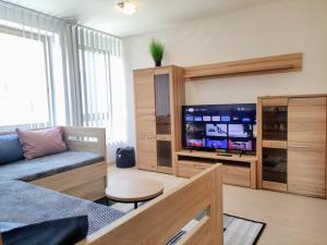 Televisor o centre d'entreteniment de Moderní a slunný apartmán 2KK v Anenském Údolí se sklepem a parkováním - by Relax Harrachov