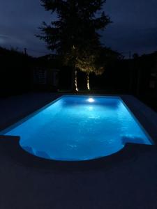 a blue swimming pool lit up at night at Paleolítico rural in Salgüero de Juarros