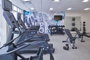 a gym with several tread machines and a tv at SpringHill Suites by Marriott Detroit Dearborn in Dearborn