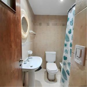 a bathroom with a white toilet and a sink at Hotel La Terminal in San Miguel de Tucumán