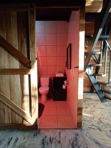 a pink bathroom with a toilet and a door at Casa del Árbol (A-Frame) - Ágape del Bosque in Monteverde Costa Rica