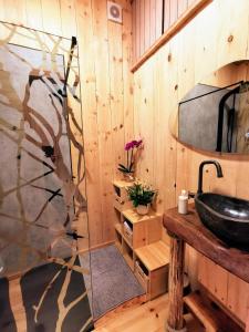 y baño con lavabo y espejo. en La Cabane d'Ode en Sainte-Ode