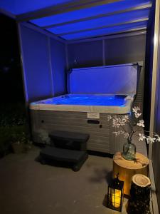 un letto in una camera con luce blu di MAGNOLIA HOUSE by the RIVER XL a Metlika