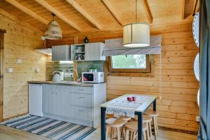 a kitchen with a table and chairs in a cabin at Domki na Górniej Łące - Domek Słowik in Łazany