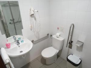 a bathroom with a toilet and a sink and a shower at Hostal Petit Príncep in Barcelona