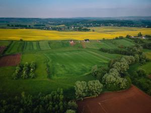 una vista aérea de un campo verde con árboles y casas en Domki na Górniej Łące - Domek Słowik en Łazany