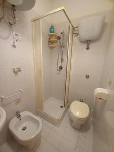 a bathroom with a shower and a toilet and a sink at Villetta Elaion in Scario