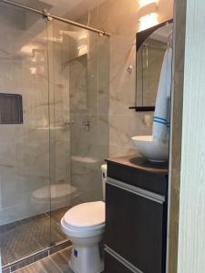 a bathroom with a toilet and a glass shower at Apartamentos en el Norte de cali in Cali