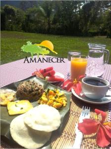 einen Picknicktisch mit einem Teller mit Essen und Orangensaft in der Unterkunft Hospedaje Amanecer in Turrialba
