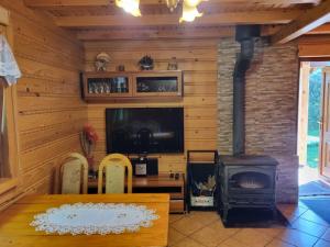 uma sala de estar com lareira e fogão em Domek Nad Stawem I em Limanowa
