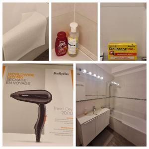 a collage of pictures of a bathroom with a blow dryer at So Cosy Home Paris-Sceaux/Bourg-la-Reine. in Sceaux +28 photos