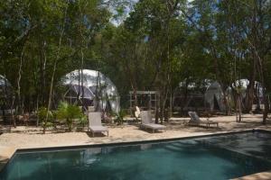 a swimming pool with two chairs and a dome tent at Glamping Mayan Glam in Tulum