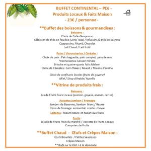 een menu voor een restaurant met een lijst met etenswaren bij Hotel Ker Alberte in Cayenne