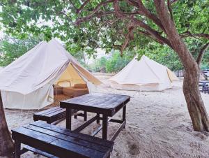 2 tentes, une table de pique-nique et un banc de pique-nique dans l'établissement Rustika Glamping, à Kampong Tanjong Che Lahom