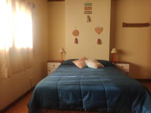 sypialnia z łóżkiem z niebieską pościelą i oknem w obiekcie Posada del Ñireco w mieście Bariloche